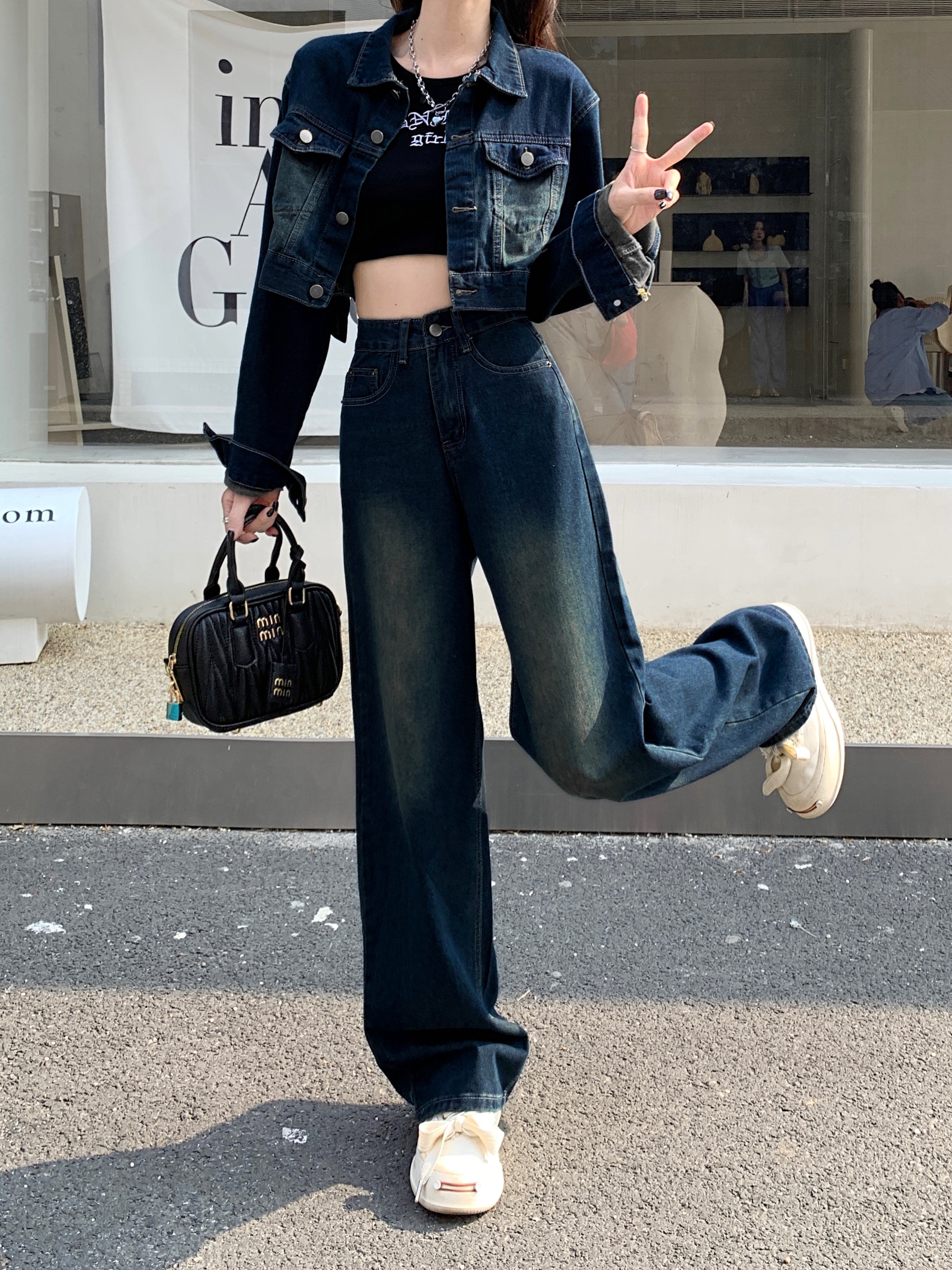 ハイウエスト カジュアル 上下セット 学生 ウォッシュ加工 羽織り アウター ストレート パンツ ワイド ショート ジーパン ジーンズ セットアップ デニムパンツ デニムジャケット