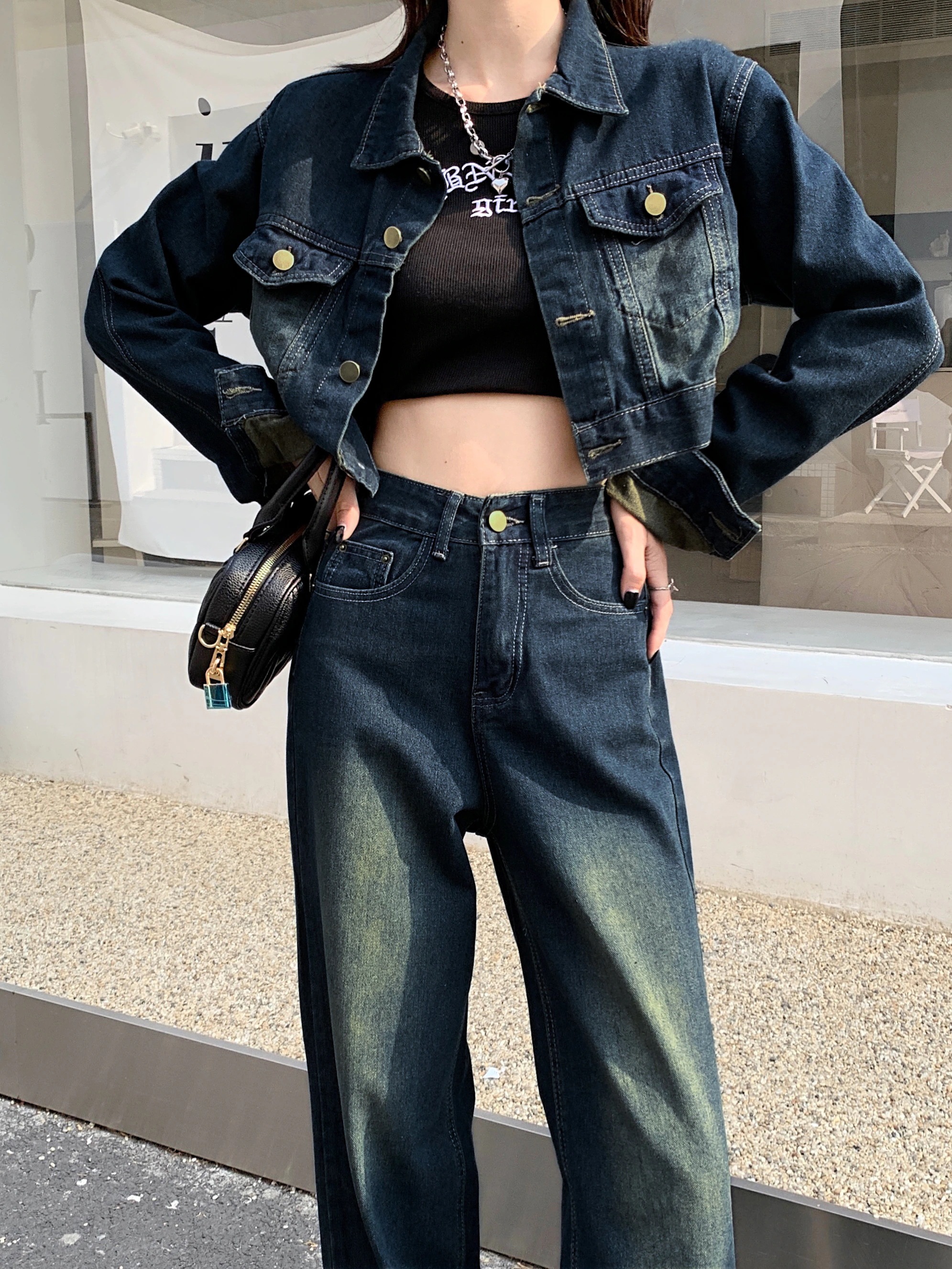 ハイウエスト カジュアル 上下セット 学生 ウォッシュ加工 羽織り アウター ストレート パンツ ワイド ショート ジーパン ジーンズ セットアップ デニムパンツ デニムジャケット