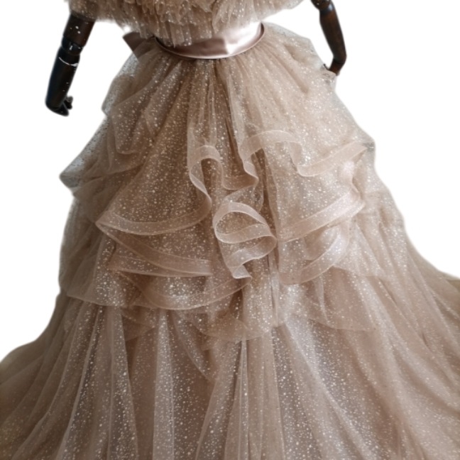 豪華！シャンパン色 カラードレス オフショルダー キラキラチュール ラッフルフリル ベルト 披露宴