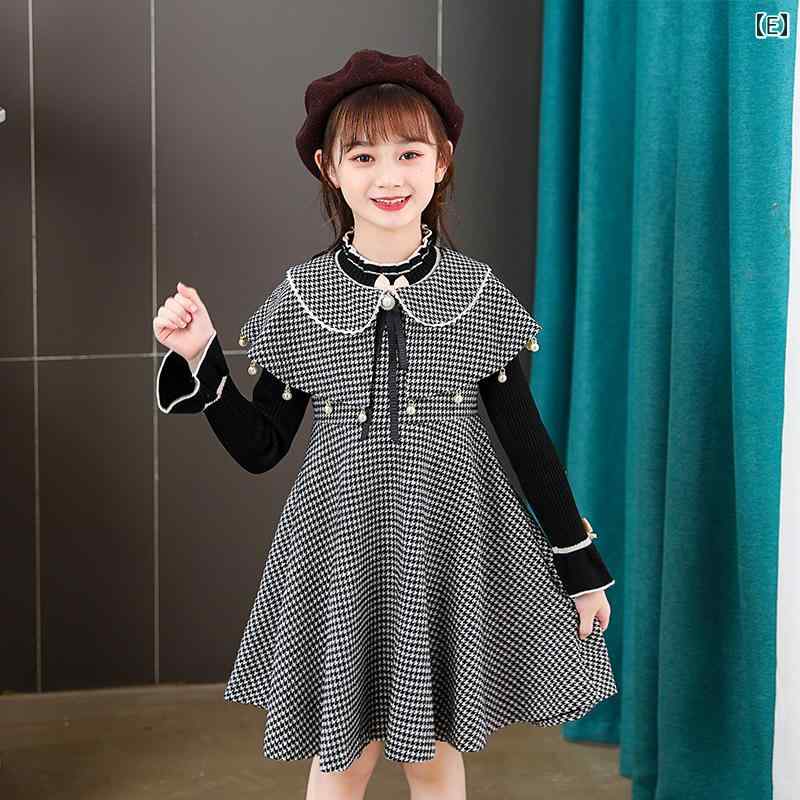 女の子 春秋 ドレス 韓国 ウール セット 子供 キッズ チェック ガーリー 西洋 プリンセス お嬢様 レース 襟 フレア スカート ベスト ワンピース お上品 幼稚園 お遊戯会 お茶会 お友達
