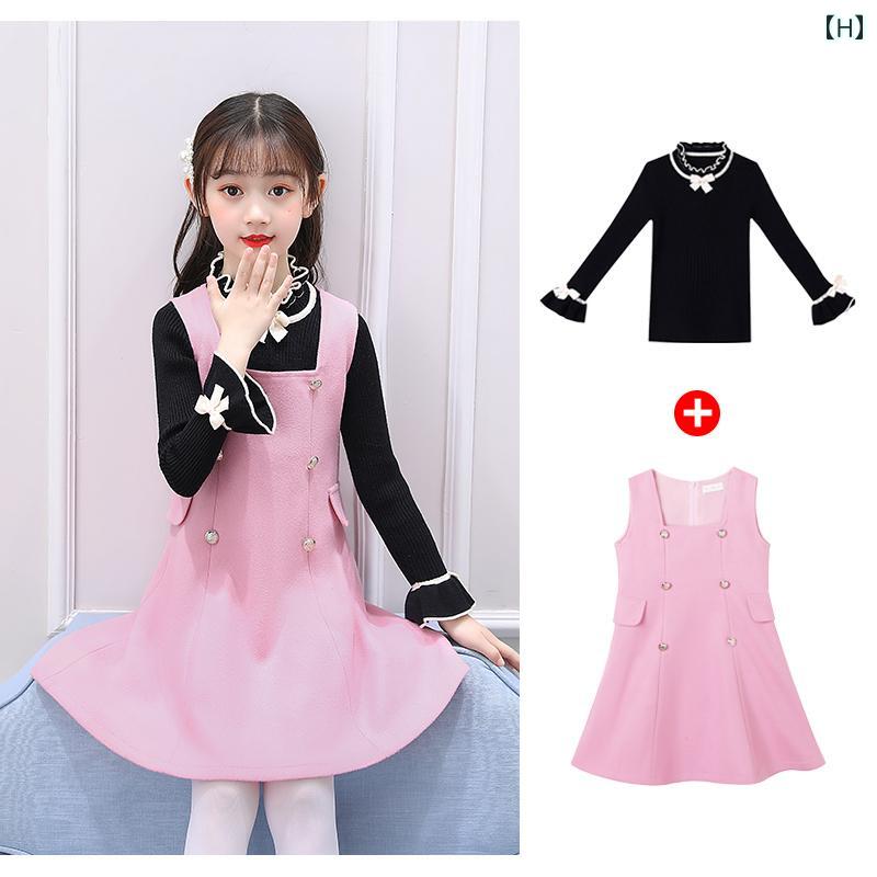 女の子 春秋 ドレス 韓国 ウール セット 子供 キッズ チェック ガーリー 西洋 プリンセス お嬢様 レース 襟 フレア スカート ベスト ワンピース お上品 幼稚園 お遊戯会 お茶会 お友達