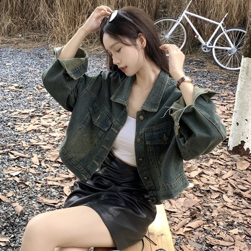 ノスタルジアレトロカラーデニムジャケット女性2023秋新作ポロ襟バックタイショートジャケットトップ ノスタルジアレトロカラーデニムジャケット女性2023秋新作ポロ襟バックタイショートジャケットトップ