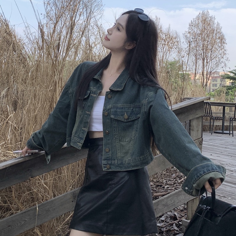 ノスタルジアレトロカラーデニムジャケット女性2023秋新作ポロ襟バックタイショートジャケットトップ ノスタルジアレトロカラーデニムジャケット女性2023秋新作ポロ襟バックタイショートジャケットトップ