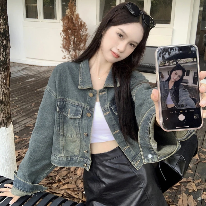 ノスタルジアレトロカラーデニムジャケット女性2023秋新作ポロ襟バックタイショートジャケットトップ ノスタルジアレトロカラーデニムジャケット女性2023秋新作ポロ襟バックタイショートジャケットトップ