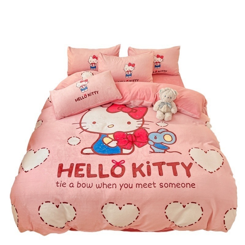 ハローキティ冬増粘ミルクベルベット3点または4点セットサンリオ子供用両面コーラルベルベットシーツキルトカバー