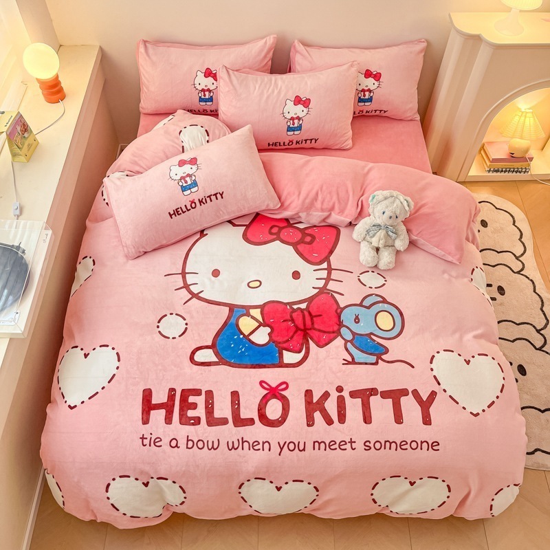 ハローキティ冬増粘ミルクベルベット3点または4点セットサンリオ子供用両面コーラルベルベットシーツキルトカバー