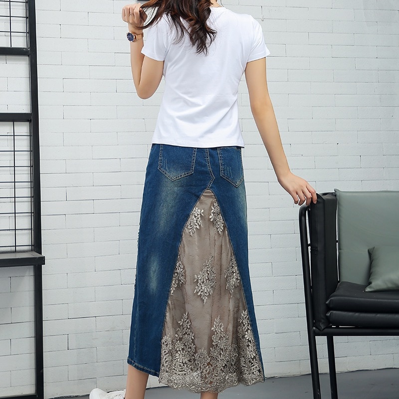 ファッショナブルな春夏レースオーバーニーデニムスカートスパンコールビーズAラインミディスカート 母の日-0009828 ファッショナブルな春夏レースオーバーニーデニムスカートスパンコールビーズAラインミディスカート 母の日-0009828