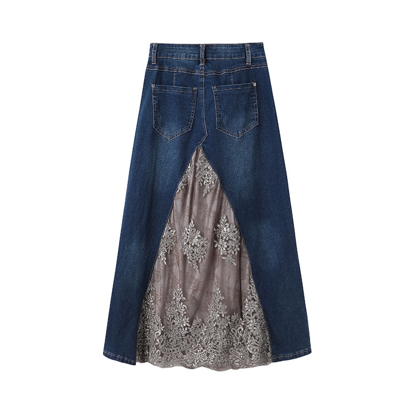 ファッショナブルな春夏レースオーバーニーデニムスカートスパンコールビーズAラインミディスカート 母の日-0009828 ファッショナブルな春夏レースオーバーニーデニムスカートスパンコールビーズAラインミディスカート 母の日-0009828