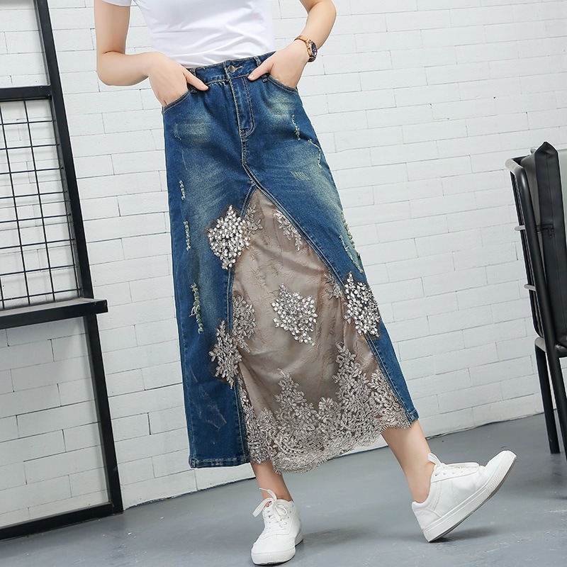 ファッショナブルな春夏レースオーバーニーデニムスカートスパンコールビーズAラインミディスカート 母の日-0009828 ファッショナブルな春夏レースオーバーニーデニムスカートスパンコールビーズAラインミディスカート 母の日-0009828