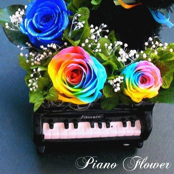高級プリザーブドフラワー】レインボーローズ クロネコ & ピアノ Qoo10