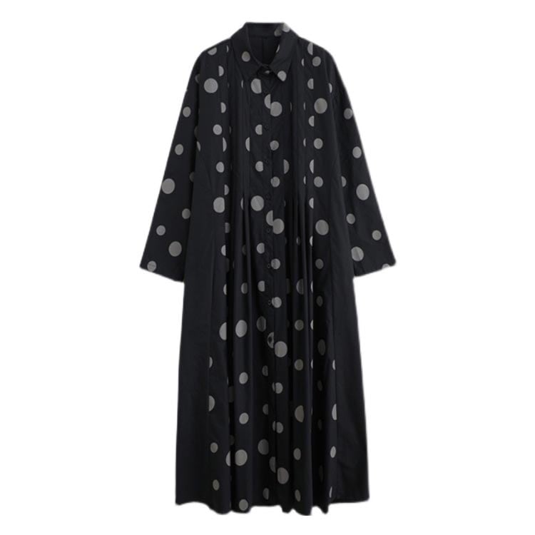 切り替えカジュアルロングワンピースドット柄レディースAラインポケット付きゆったりシャツワンピース綿混素材体型カバー大人可愛いフリーサイズシャツワンピース