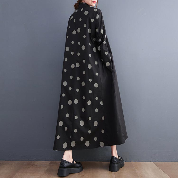切り替えカジュアルロングワンピースドット柄レディースAラインポケット付きゆったりシャツワンピース綿混素材体型カバー大人可愛いフリーサイズシャツワンピース
