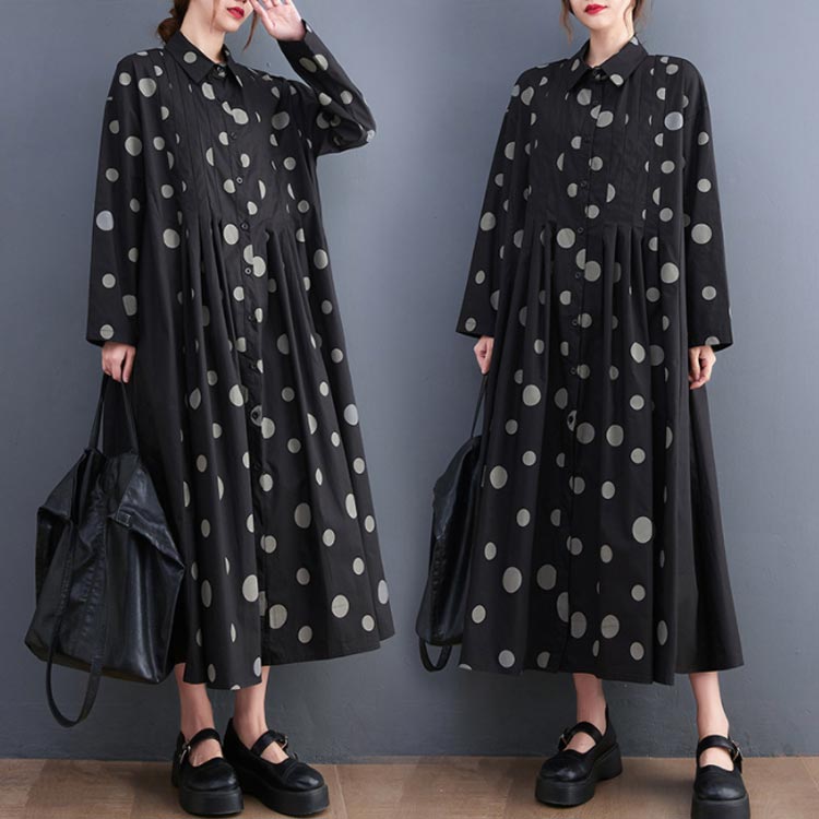 切り替えカジュアルロングワンピースドット柄レディースAラインポケット付きゆったりシャツワンピース綿混素材体型カバー大人可愛いフリーサイズシャツワンピース
