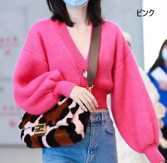 ニットカーディガン レディース カーディガン ニット セーター トップス Ｖネック 羽織 フロントボタン ショート丈 ボリューム袖 シンプル 無地 カジュアル お出かけ おしゃれ 秋冬 ファッション