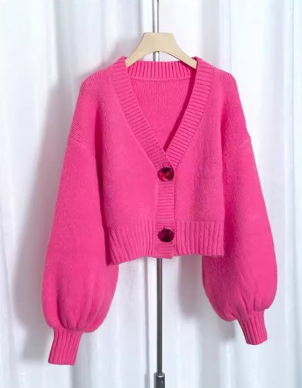 ニットカーディガン レディース カーディガン ニット セーター トップス Ｖネック 羽織 フロントボタン ショート丈 ボリューム袖 シンプル 無地 カジュアル お出かけ おしゃれ 秋冬 ファッション