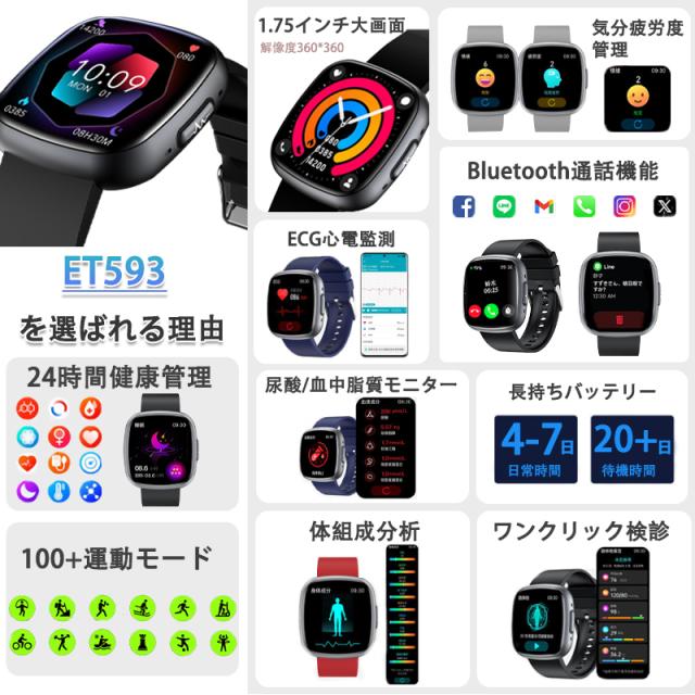 スマートウォッチ 血圧 血糖値測定 通話機能付き iphone Android対応 日本製センサー 1.75インチ大画面 血中酸素 尿酸 血中脂質 心電図ECG 心拍数 睡眠監視 体温検知 月経管理 スマートウォッチ 血圧 血糖値測定 通話機能付き iphone Android対応 日本製センサー 1.75インチ大画面 血中酸素 尿酸 血中脂質 心電図ECG 心拍数 睡眠監視 体温検知 月経管理