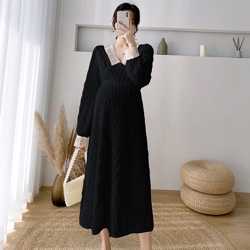 【送料無料】マタニティ ワンピース Vネック レース ハイウエスト パフスリーブ Aライン 【送料無料】マタニティ ワンピース Vネック レース ハイウエスト パフスリーブ Aライン