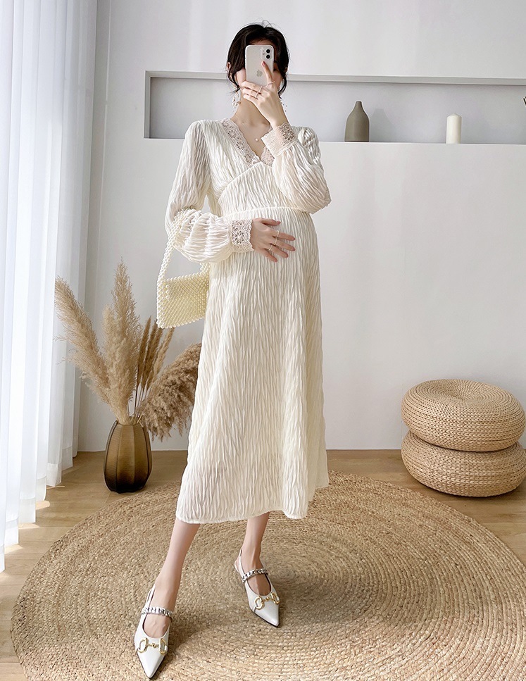 【送料無料】マタニティ ワンピース Vネック レース ハイウエスト パフスリーブ Aライン 【送料無料】マタニティ ワンピース Vネック レース ハイウエスト パフスリーブ Aライン