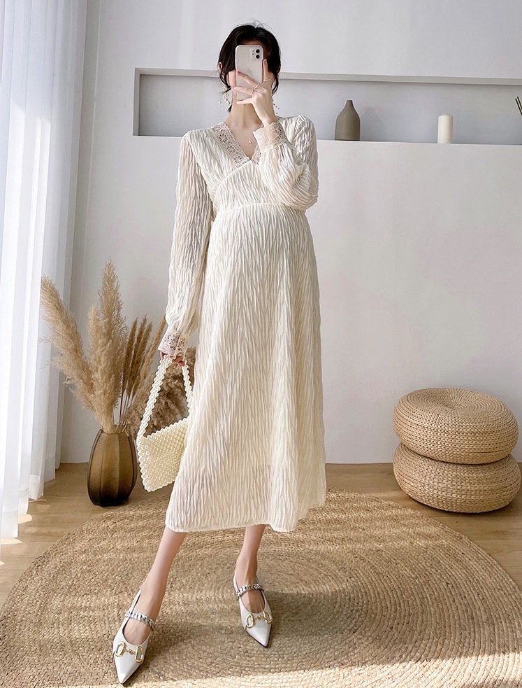 【送料無料】マタニティ ワンピース Vネック レース ハイウエスト パフスリーブ Aライン 【送料無料】マタニティ ワンピース Vネック レース ハイウエスト パフスリーブ Aライン