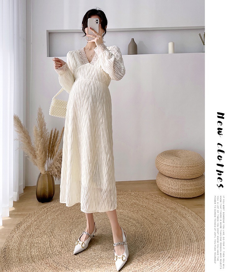 【送料無料】マタニティ ワンピース Vネック レース ハイウエスト パフスリーブ Aライン 【送料無料】マタニティ ワンピース Vネック レース ハイウエスト パフスリーブ Aライン