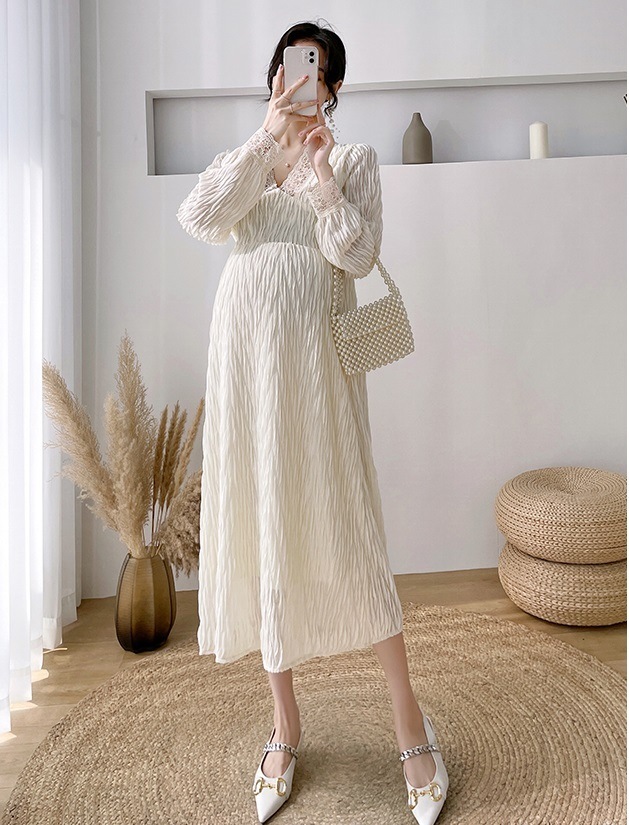 【送料無料】マタニティ ワンピース Vネック レース ハイウエスト パフスリーブ Aライン 【送料無料】マタニティ ワンピース Vネック レース ハイウエスト パフスリーブ Aライン