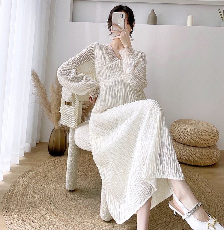 【送料無料】マタニティ ワンピース Vネック レース ハイウエスト パフスリーブ Aライン 【送料無料】マタニティ ワンピース Vネック レース ハイウエスト パフスリーブ Aライン