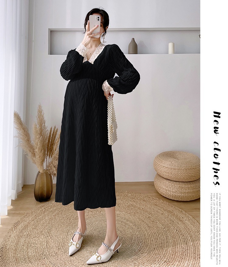 【送料無料】マタニティ ワンピース Vネック レース ハイウエスト パフスリーブ Aライン 【送料無料】マタニティ ワンピース Vネック レース ハイウエスト パフスリーブ Aライン