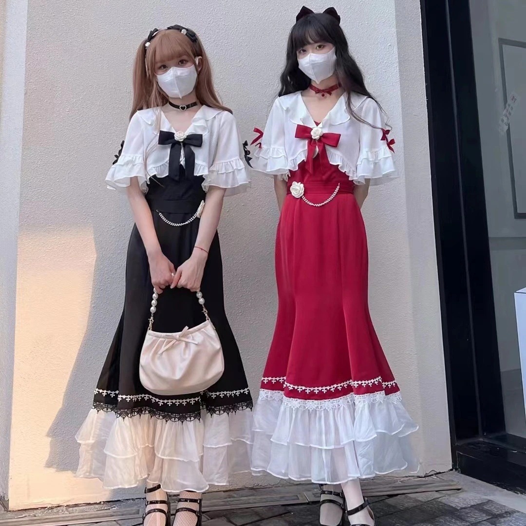 パーティードレス スーツ デザイン感ガーリーレースウエストを収めたスリムバッグヒップヒップワンピース+リボンレースカーディガン パーティードレス スーツ デザイン感ガーリーレースウエストを収めたスリムバッグヒップヒップワンピース+リボンレースカーディガン