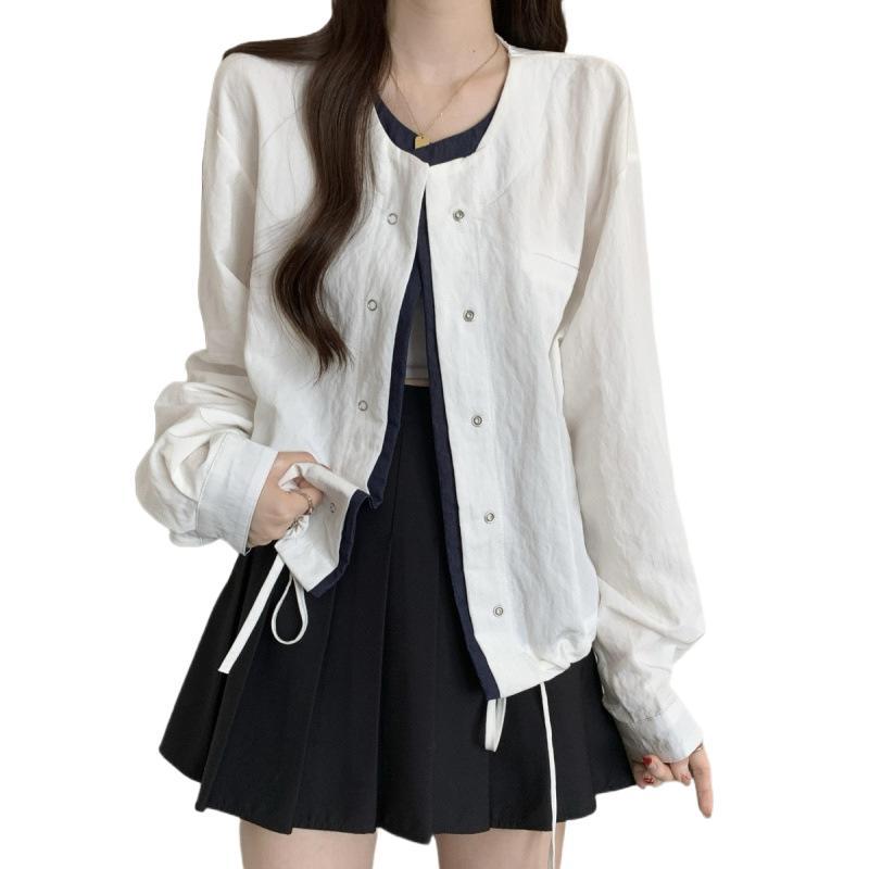 2025年早春新作 シックなフェイクツーピース ファッショナブルでおしゃれなシャツ 大きめサイズ レディース ぽっちゃり体形向け カーディガンアウター