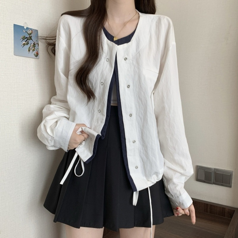 2025年早春新作 シックなフェイクツーピース ファッショナブルでおしゃれなシャツ 大きめサイズ レディース ぽっちゃり体形向け カーディガンアウター