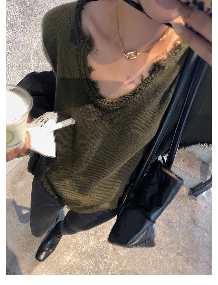 ダメージルーズニット レディース トップス 長袖 スクープネック カジュアル おしゃれ こなれ感 ラフ 無地 春 秋 お出かけ 休日 カフェ 普段使い 着回し M L ダークグリーン ダメージルーズニット レディース トップス 長袖 スクープネック カジュアル おしゃれ こなれ感 ラフ 無地 春 秋 お出かけ 休日 カフェ 普段使い 着回し M L ダークグリーン