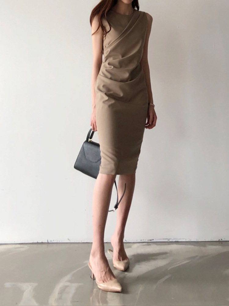 ワンピース レディース タイトワンピース ひざ丈 袖なし ノースリーブ ラウンドネック タイト 細身