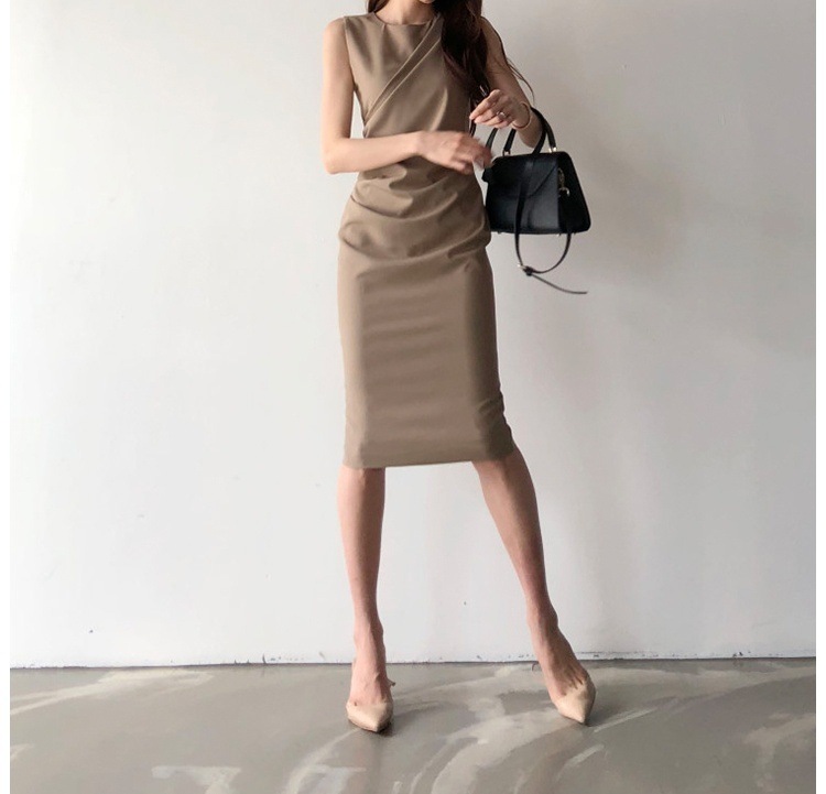 ワンピース レディース タイトワンピース ひざ丈 袖なし ノースリーブ ラウンドネック タイト 細身