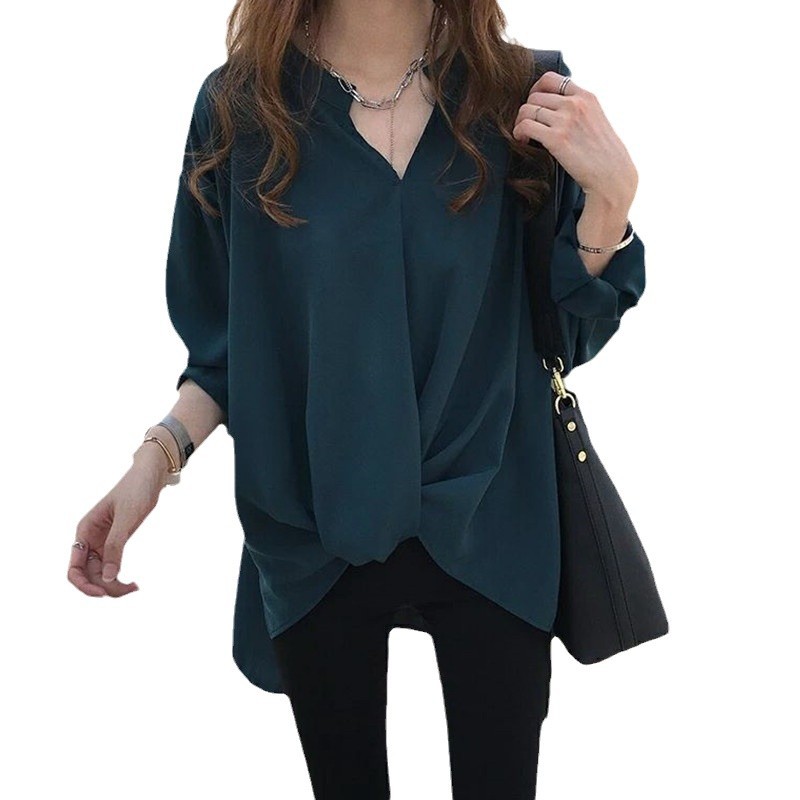 【1つ買うと10つ無料】2025春と秋の中程度の長さのスリムシフォンシャツ女性用長袖ベースシャツ