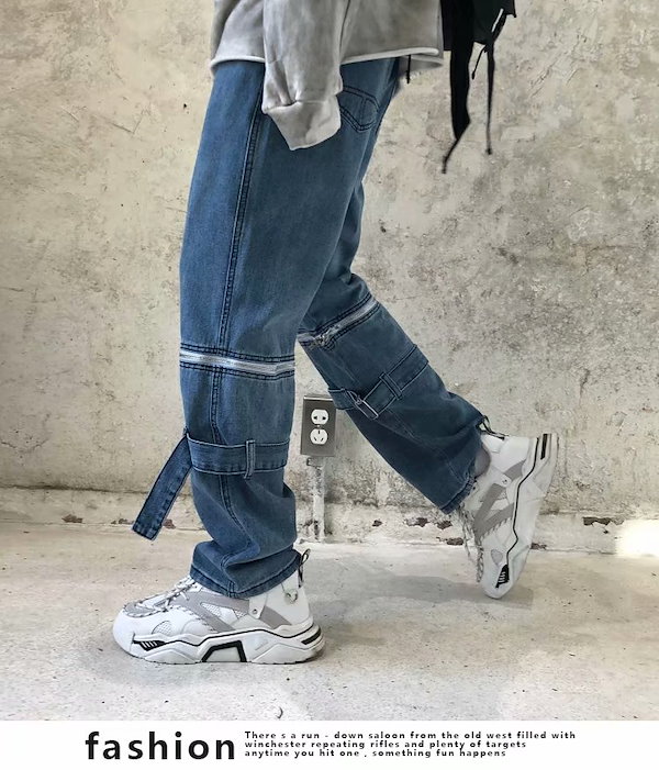 ワイド パンツ ひざ開き ストリート ジップ デニム ジーンズ