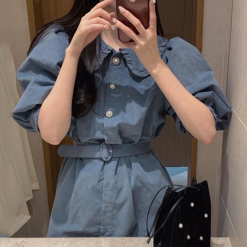 レトロ風 ワンピース 半袖 春 夏 きれいめ カジュアル かわいい フォーマル aライン シャツワンピース Aライン フレア ショート ショート丈 膝上 五分袖 ぽわん袖 ボリューム袖 ボリュームスリ