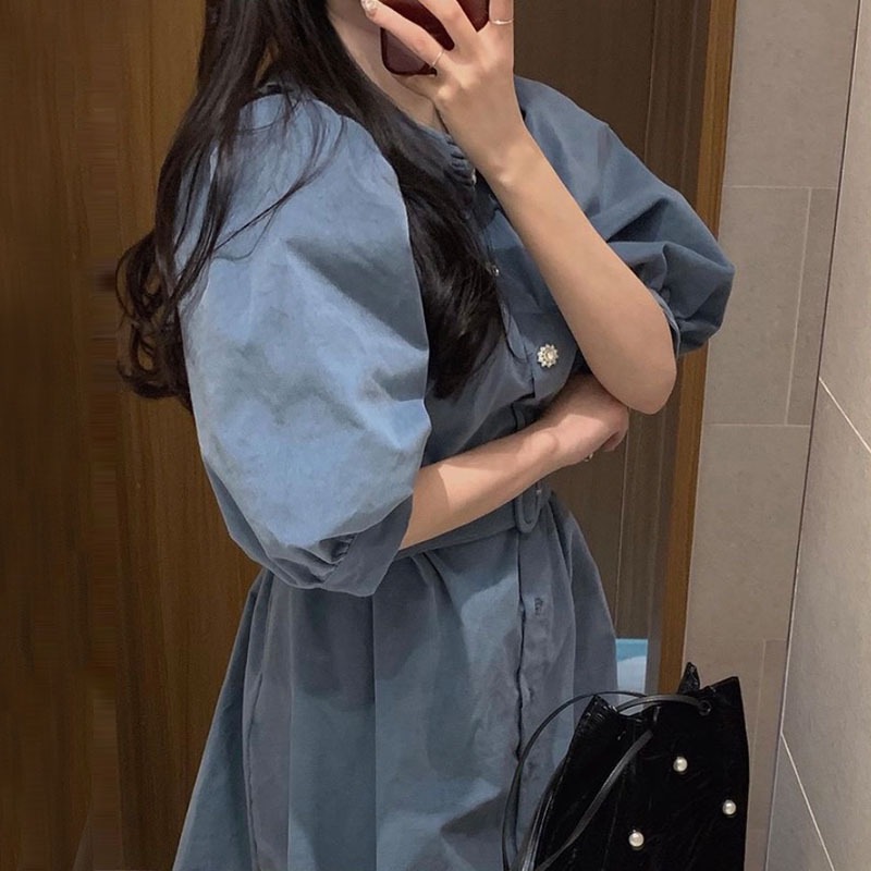 レトロ風 ワンピース 半袖 春 夏 きれいめ カジュアル かわいい フォーマル aライン シャツワンピース Aライン フレア ショート ショート丈 膝上 五分袖 ぽわん袖 ボリューム袖 ボリュームスリ