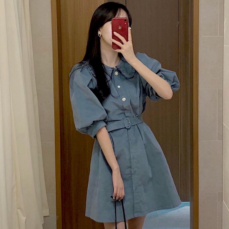 レトロ風 ワンピース 半袖 春 夏 きれいめ カジュアル かわいい フォーマル aライン シャツワンピース Aライン フレア ショート ショート丈 膝上 五分袖 ぽわん袖 ボリューム袖 ボリュームスリ