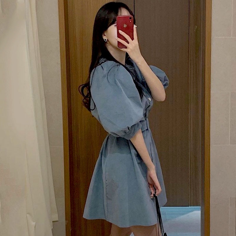 レトロ風 ワンピース 半袖 春 夏 きれいめ カジュアル かわいい フォーマル aライン シャツワンピース Aライン フレア ショート ショート丈 膝上 五分袖 ぽわん袖 ボリューム袖 ボリュームスリ