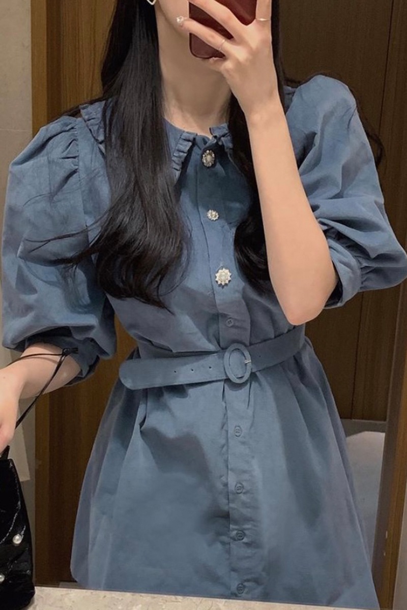 レトロ風 ワンピース 半袖 春 夏 きれいめ カジュアル かわいい フォーマル aライン シャツワンピース Aライン フレア ショート ショート丈 膝上 五分袖 ぽわん袖 ボリューム袖 ボリュームスリ