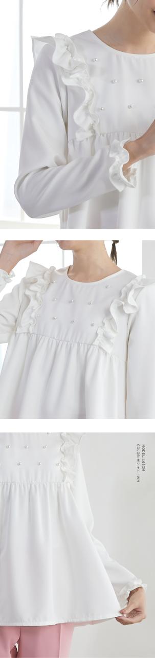 ブラウス パール付き トップス 9分袖 肩フリル 裾フレア ギャザー ペプラム 長袖 フェミニン エレガント