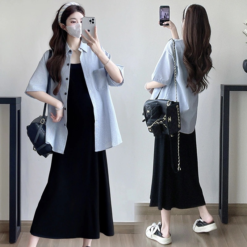 マタニティウェア マタニティ夏新作韓国ファッションストライプシャツホルタードレスツーピースマタニティドレス