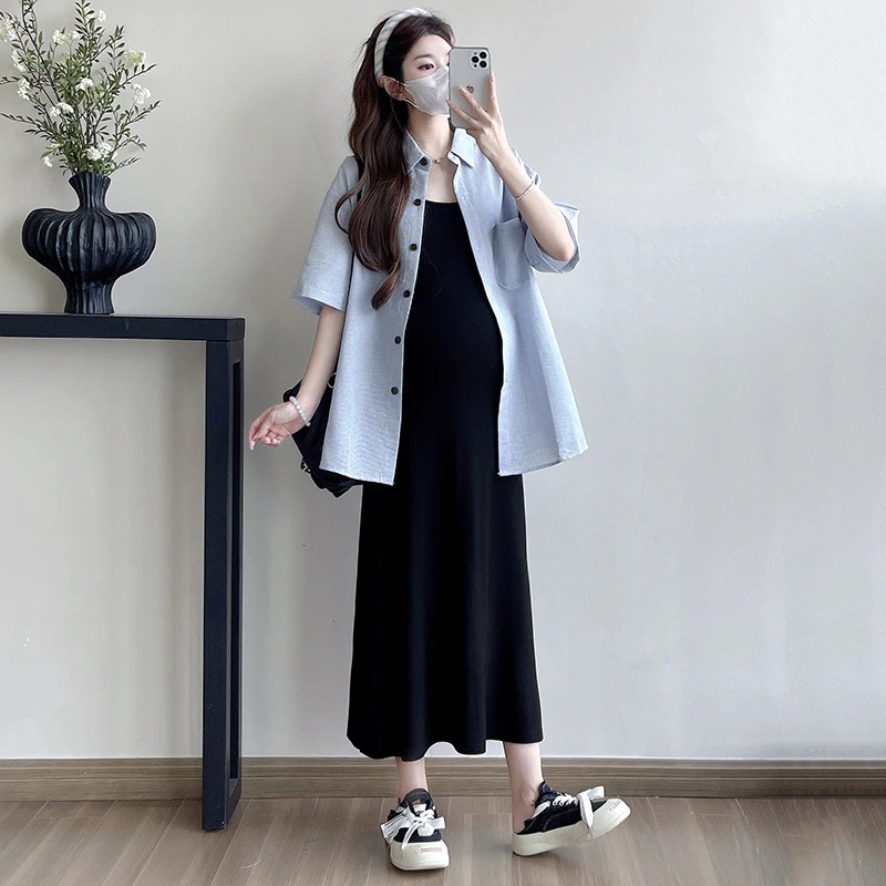 マタニティウェア マタニティ夏新作韓国ファッションストライプシャツホルタードレスツーピースマタニティドレス