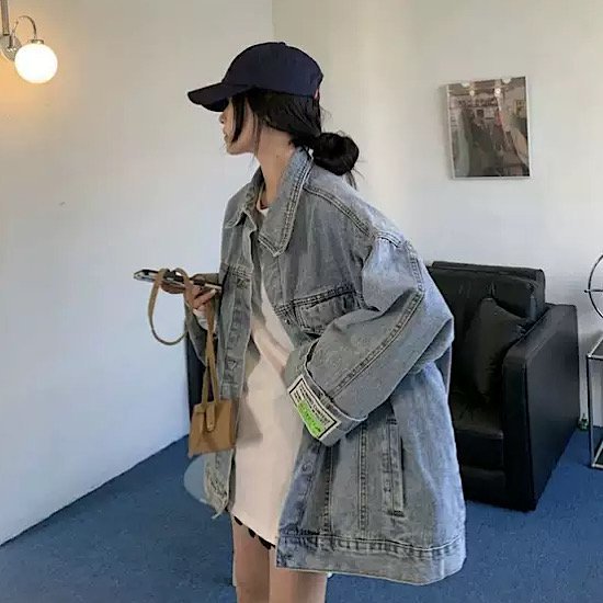 ジャケット ロゴ パッチ 長袖 デニムジャケット アウター オーバーサイズ レディース 無地 体型カバー 春 新作 シンプル カジュアル スプリングウェア ヴィンテージ ストリート トップ