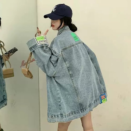 ジャケット ロゴ パッチ 長袖 デニムジャケット アウター オーバーサイズ レディース 無地 体型カバー 春 新作 シンプル カジュアル スプリングウェア ヴィンテージ ストリート トップ