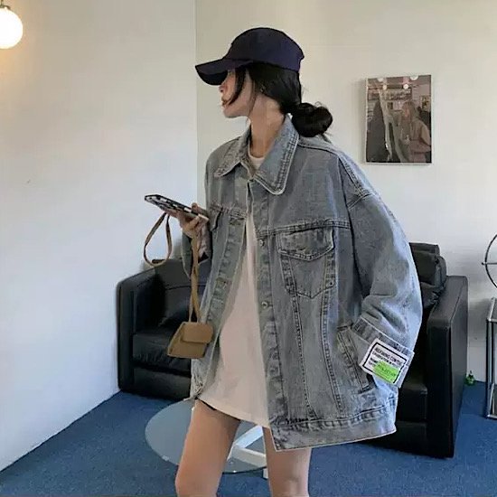ジャケット ロゴ パッチ 長袖 デニムジャケット アウター オーバーサイズ レディース 無地 体型カバー 春 新作 シンプル カジュアル スプリングウェア ヴィンテージ ストリート トップ