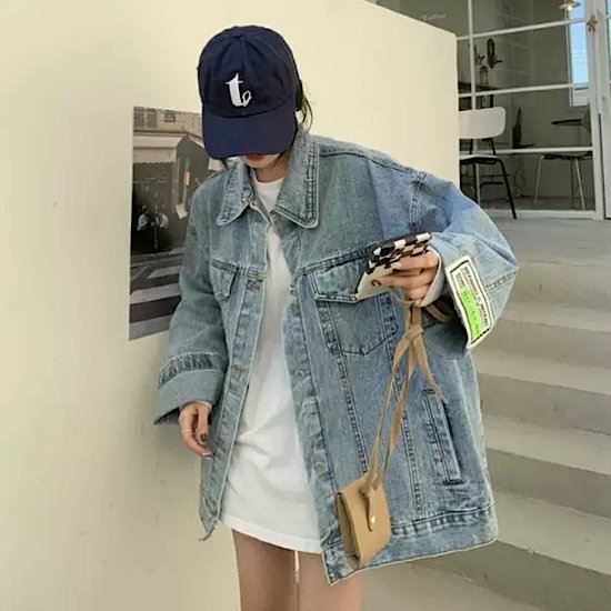 ジャケット ロゴ パッチ 長袖 デニムジャケット アウター オーバーサイズ レディース 無地 体型カバー 春 新作 シンプル カジュアル スプリングウェア ヴィンテージ ストリート トップ