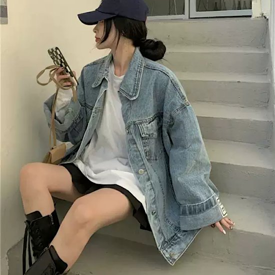 ジャケット ロゴ パッチ 長袖 デニムジャケット アウター オーバーサイズ レディース 無地 体型カバー 春 新作 シンプル カジュアル スプリングウェア ヴィンテージ ストリート トップ