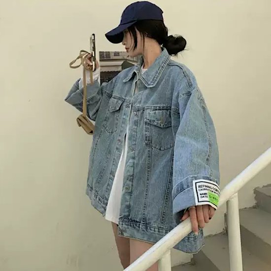ジャケット ロゴ パッチ 長袖 デニムジャケット アウター オーバーサイズ レディース 無地 体型カバー 春 新作 シンプル カジュアル スプリングウェア ヴィンテージ ストリート トップ