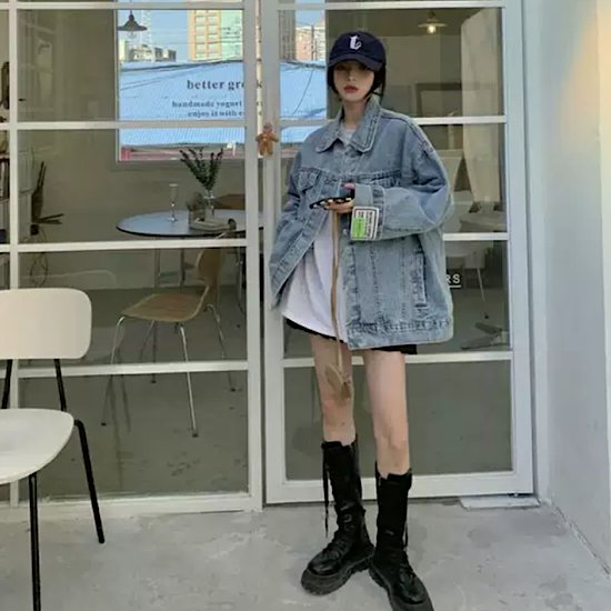 ジャケット ロゴ パッチ 長袖 デニムジャケット アウター オーバーサイズ レディース 無地 体型カバー 春 新作 シンプル カジュアル スプリングウェア ヴィンテージ ストリート トップ
